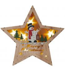 Dřevěná hvězda s motivem sněhuláka, 8 LED, teplá bílá