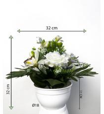 Dekorativní miska s umělou růží a orchidejí, bílá, 32 cm